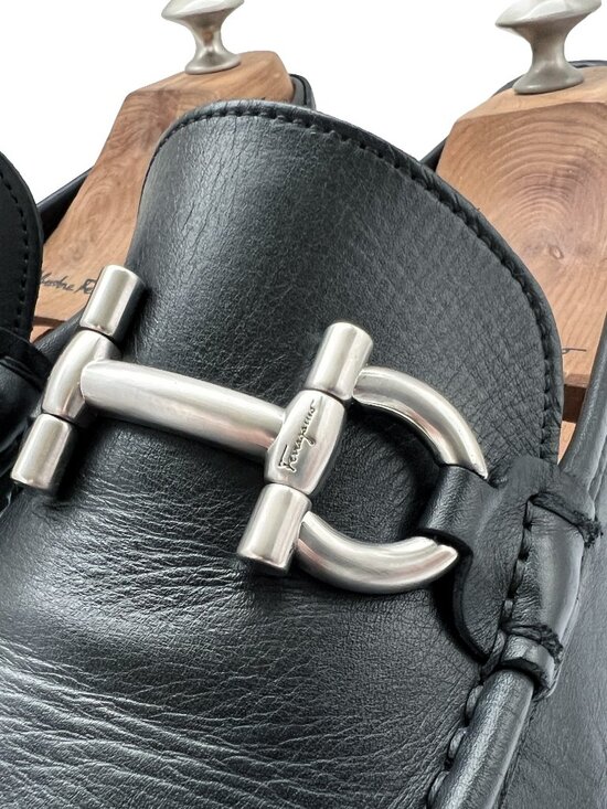 $995 Salvatore Ferragamo Mens CANCUN Black Shoes Gancini Silver Bit Loafers 10
